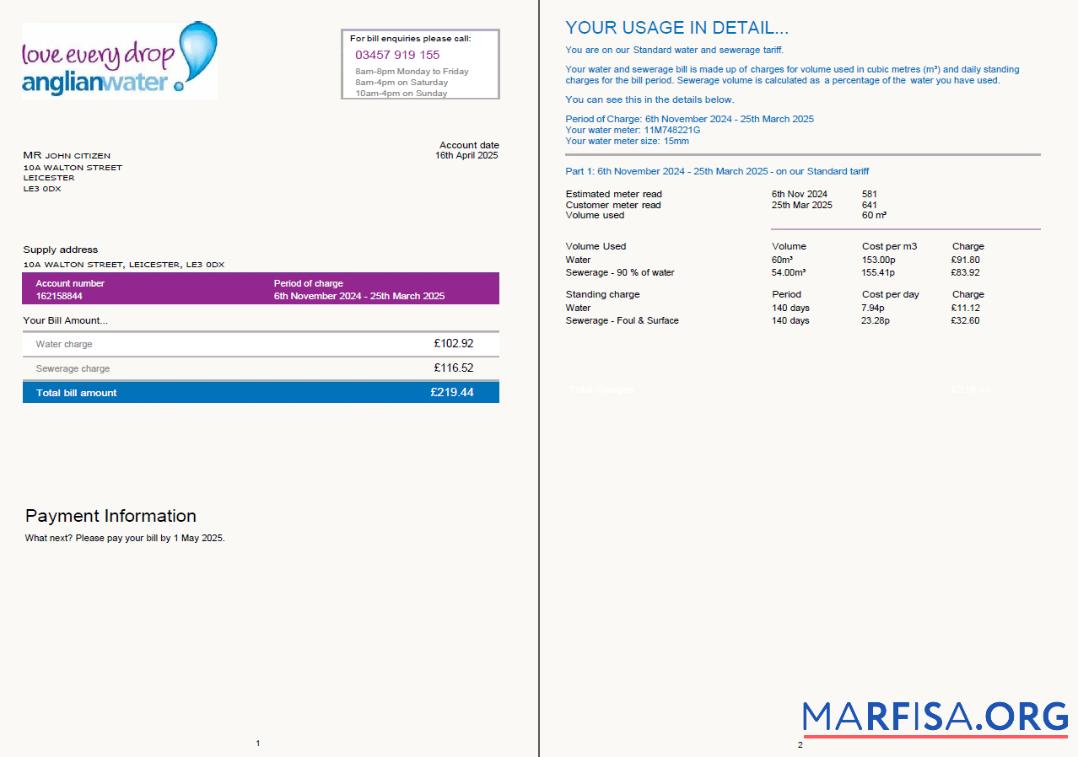Printable United Kingdom Anglian Water utility bill template in Word and PDF formats, 2 pages